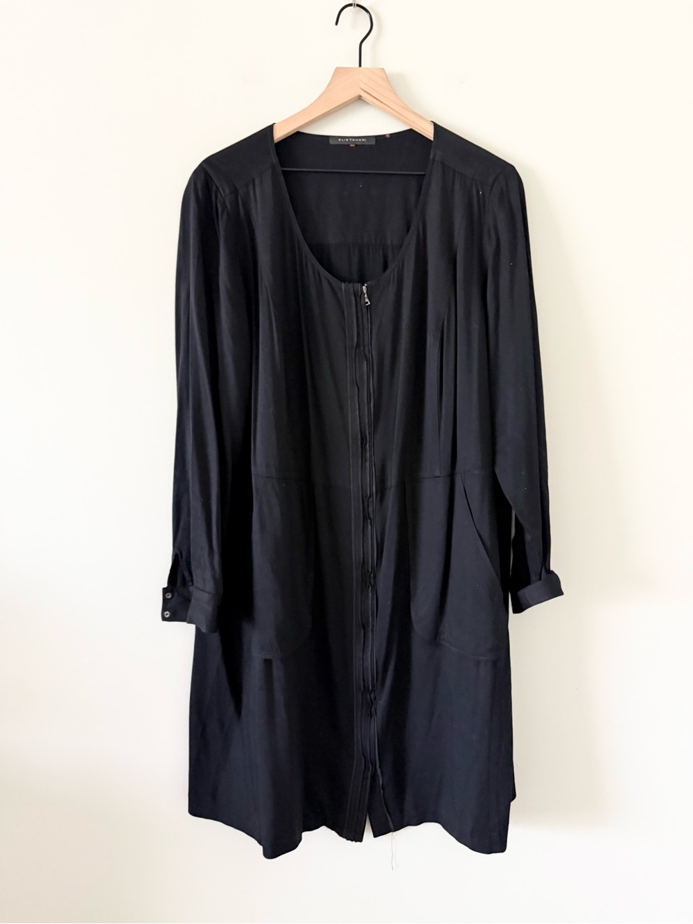 Elie Tahari Full-Zip Long Sleeve Pocket Shift Dress in Black Size 18